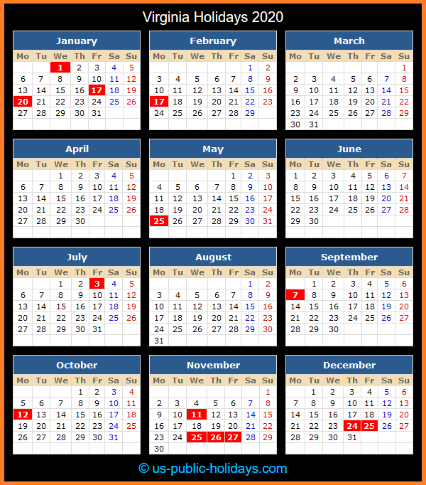 Virginia Holiday Calendar 2020